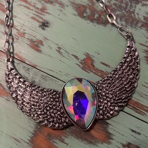 Silver Wing Necklace with Iridescent Gem